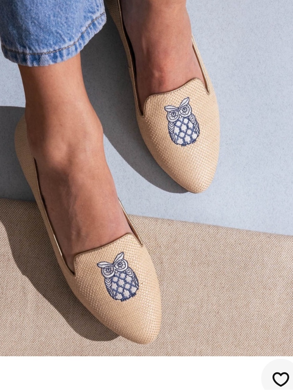 Jack Rogers Ginny 2 Embroidered Owl Flats Loafers Sz 8.5 Blue Cream Tan Beige